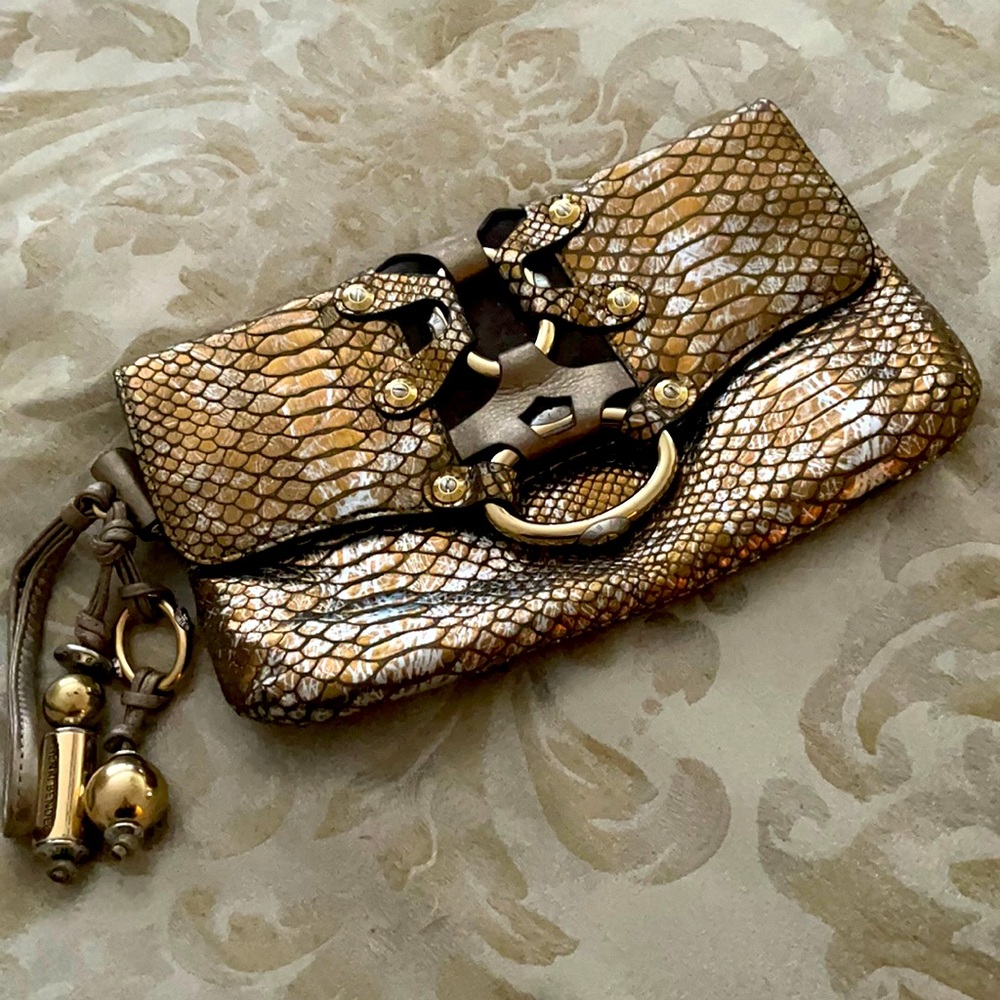 HENRI BENDEL SNAKE EMBOSSED METALLIC LEATHER CLUTCH - EXCELLENT CONDITION